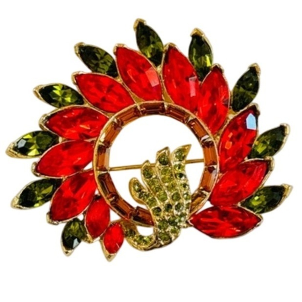 Crystal Rhinestone pin Brooch VTG Fan Marquise Gold Tone Estate Green Orange 50s